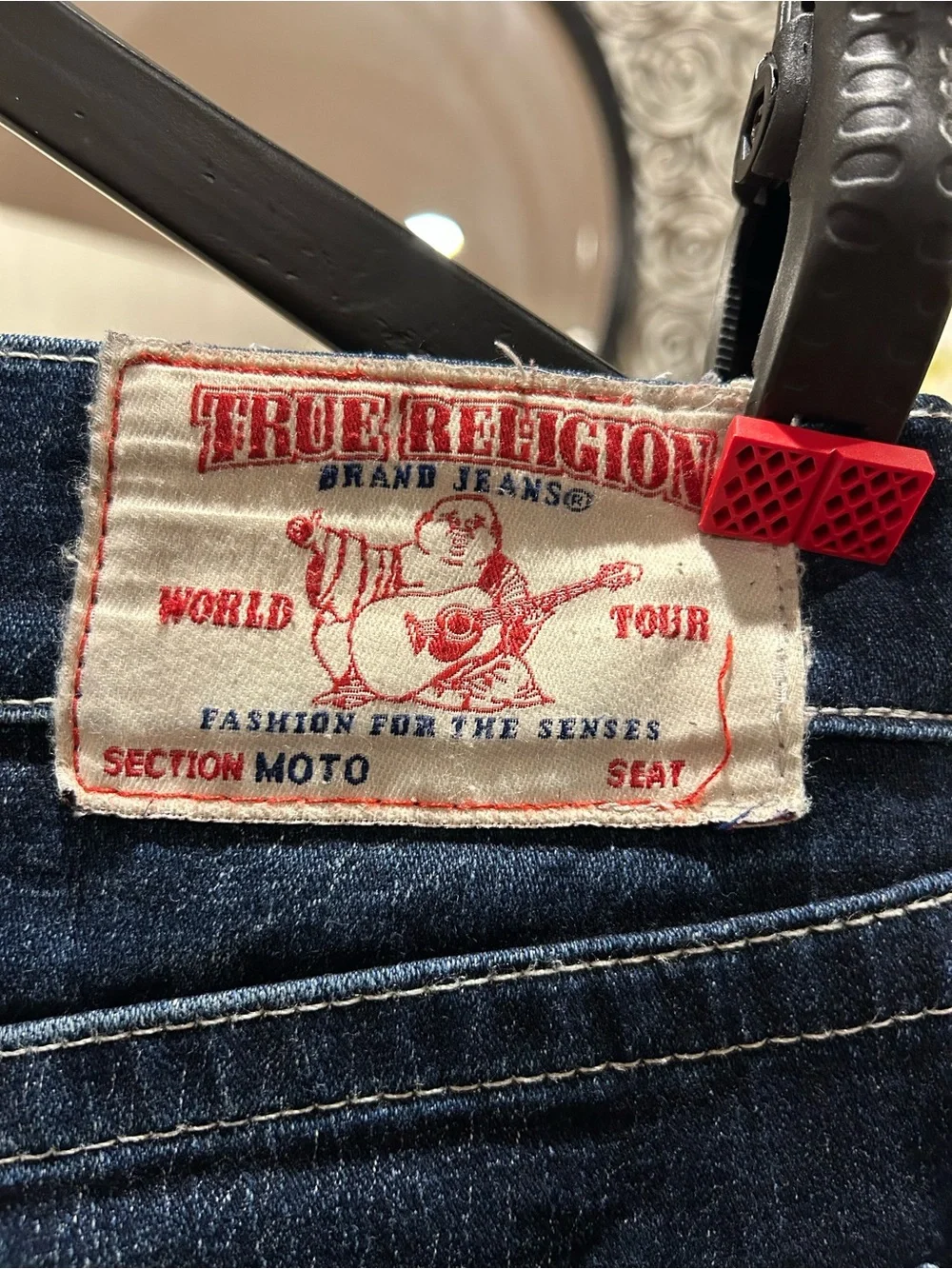 True Religion Men's Dark Indigo Moto Slim Straight Jeans